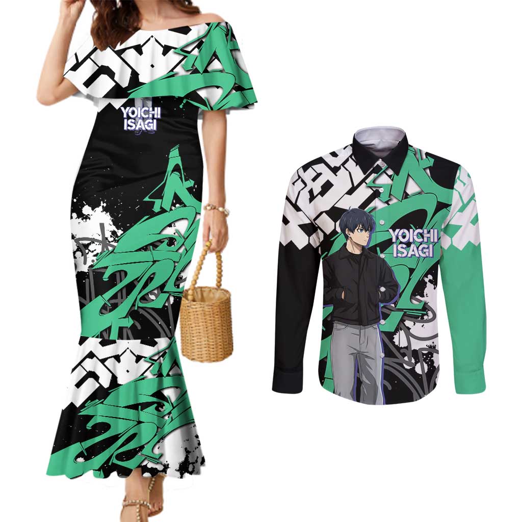 Yoichi Isagi Blue Lock Couples Matching Mermaid Dress and Long Sleeve Button Shirt Green Graffiti Anime Aesthetic