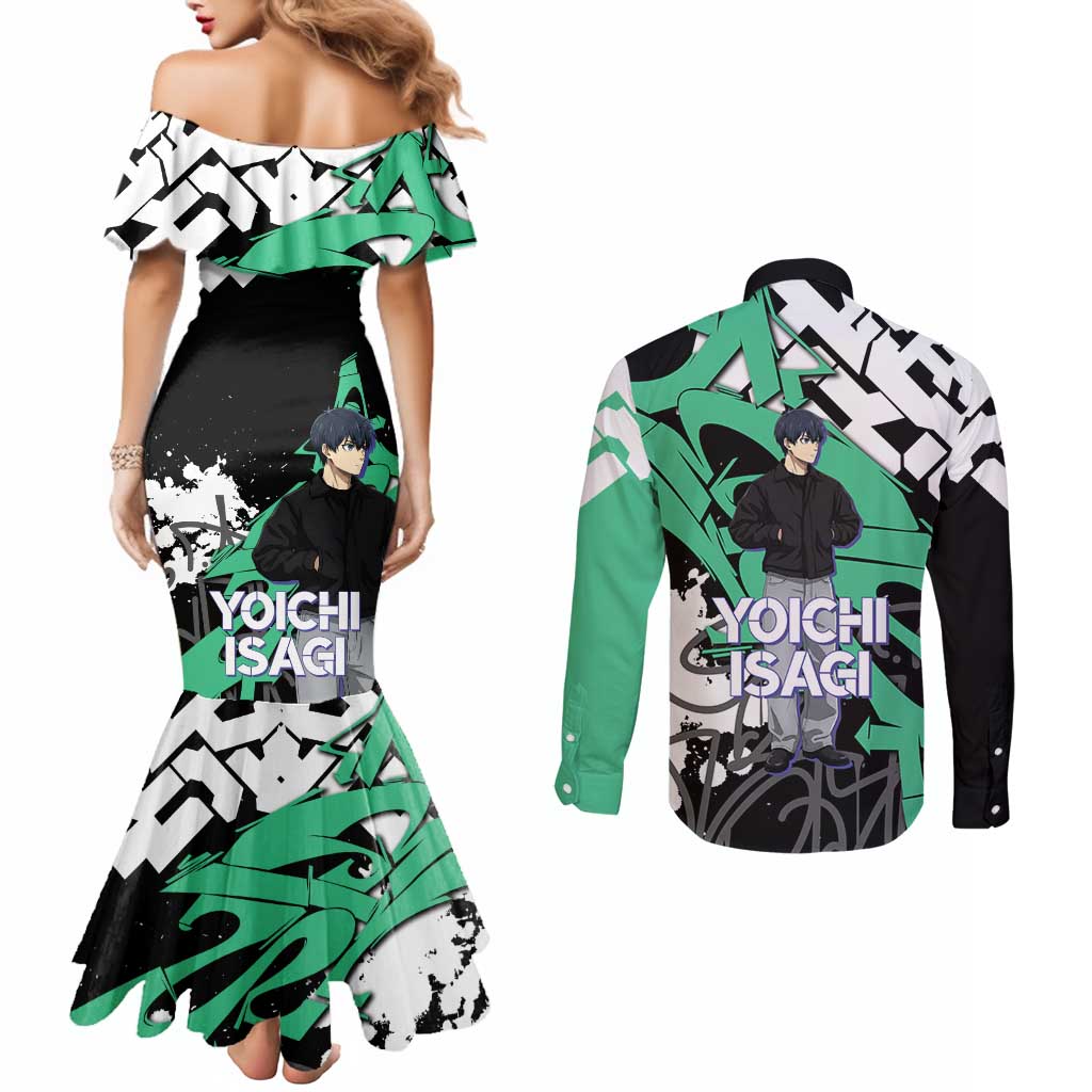 Yoichi Isagi Blue Lock Couples Matching Mermaid Dress and Long Sleeve Button Shirt Green Graffiti Anime Aesthetic