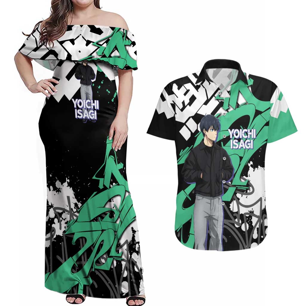 Yoichi Isagi Blue Lock Couples Matching Off Shoulder Maxi Dress and Hawaiian Shirt Green Graffiti Anime Aesthetic