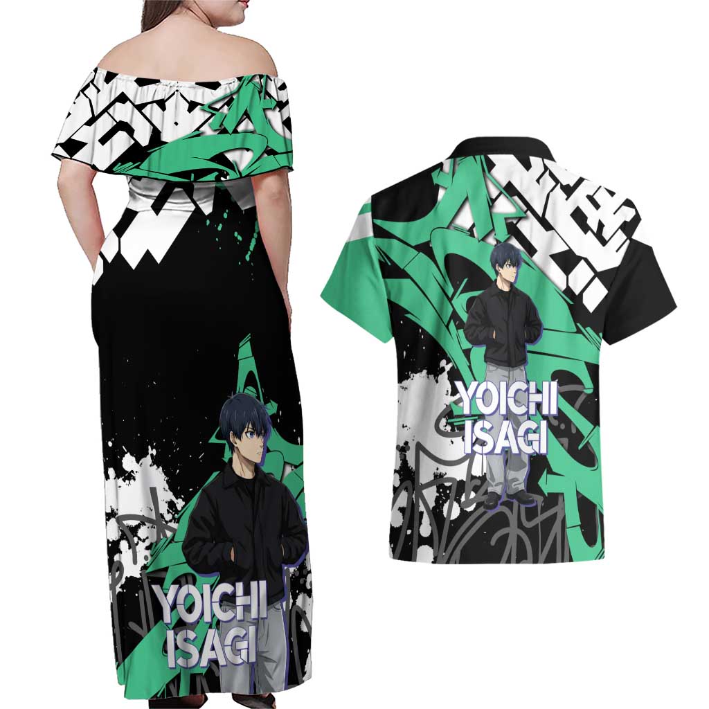Yoichi Isagi Blue Lock Couples Matching Off Shoulder Maxi Dress and Hawaiian Shirt Green Graffiti Anime Aesthetic