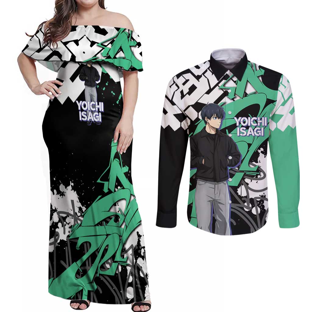 Yoichi Isagi Blue Lock Couples Matching Off Shoulder Maxi Dress and Long Sleeve Button Shirt Green Graffiti Anime Aesthetic