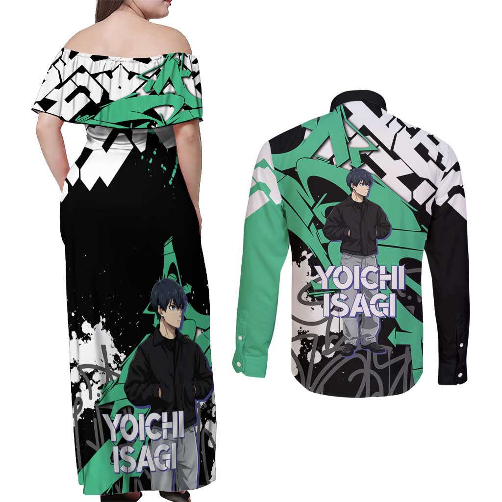 Yoichi Isagi Blue Lock Couples Matching Off Shoulder Maxi Dress and Long Sleeve Button Shirt Green Graffiti Anime Aesthetic