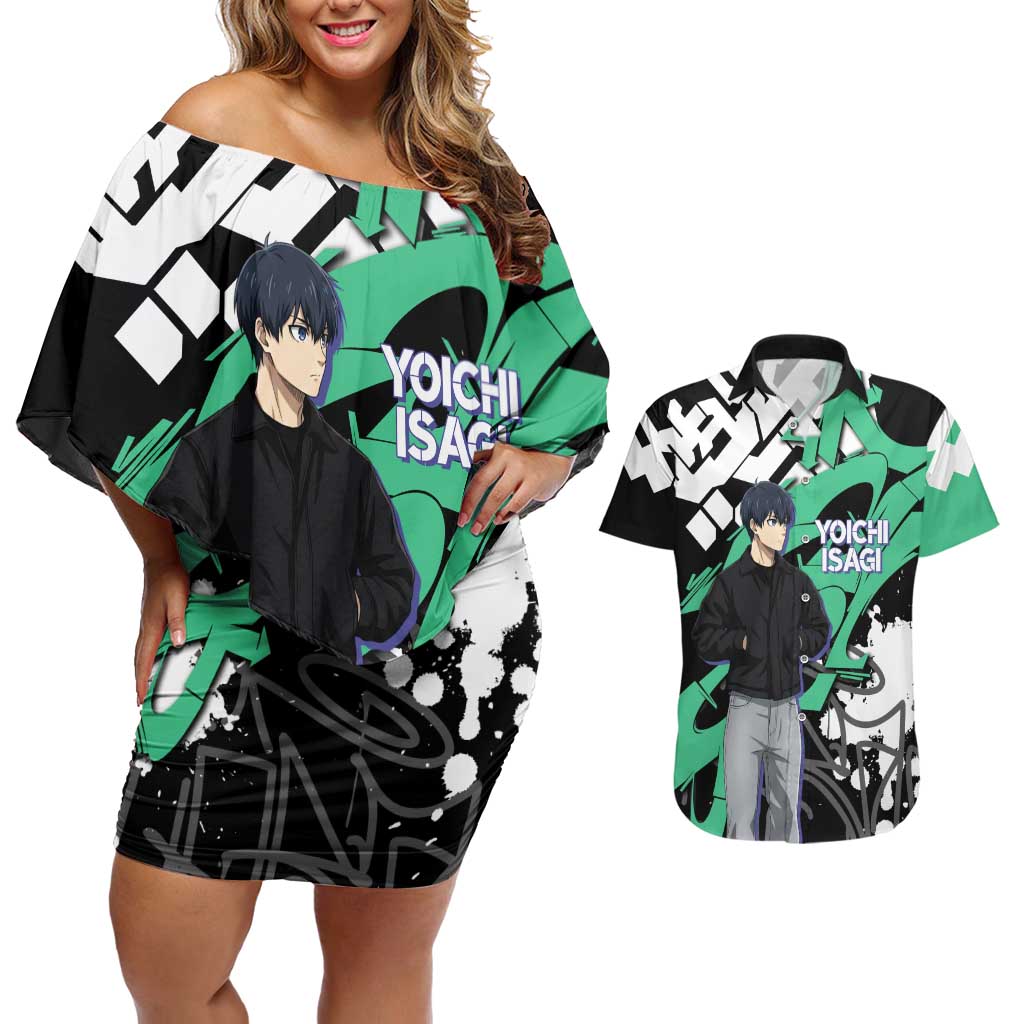 Yoichi Isagi Blue Lock Couples Matching Off Shoulder Short Dress and Hawaiian Shirt Green Graffiti Anime Aesthetic