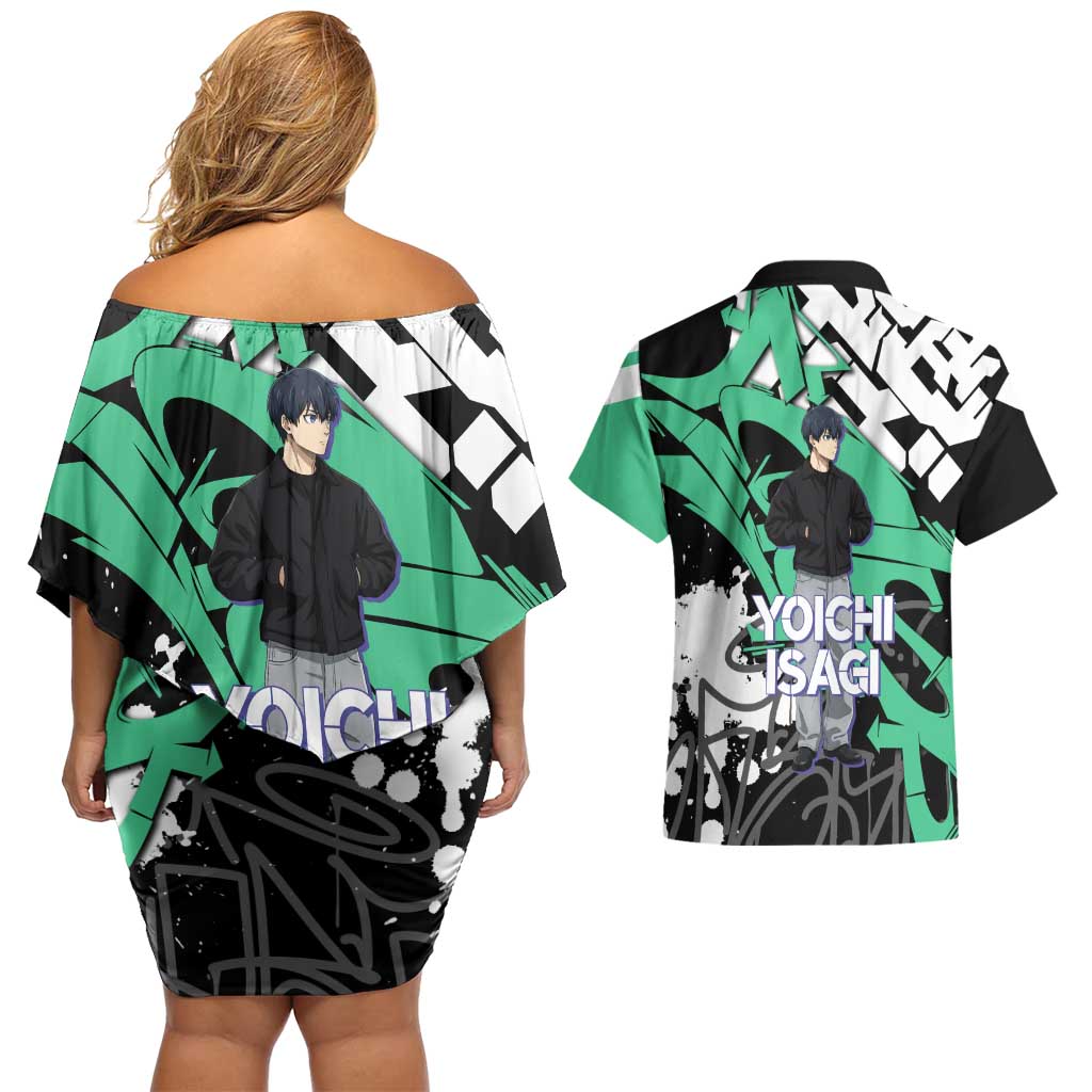 Yoichi Isagi Blue Lock Couples Matching Off Shoulder Short Dress and Hawaiian Shirt Green Graffiti Anime Aesthetic