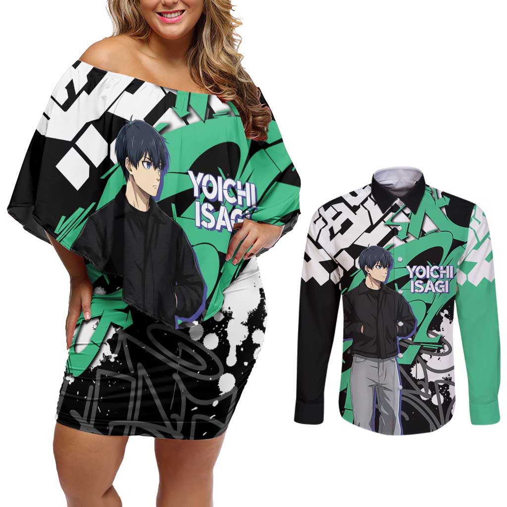 Yoichi Isagi Blue Lock Couples Matching Off Shoulder Short Dress and Long Sleeve Button Shirt Green Graffiti Anime Aesthetic