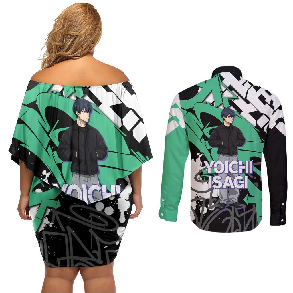 Yoichi Isagi Blue Lock Couples Matching Off Shoulder Short Dress and Long Sleeve Button Shirt Green Graffiti Anime Aesthetic