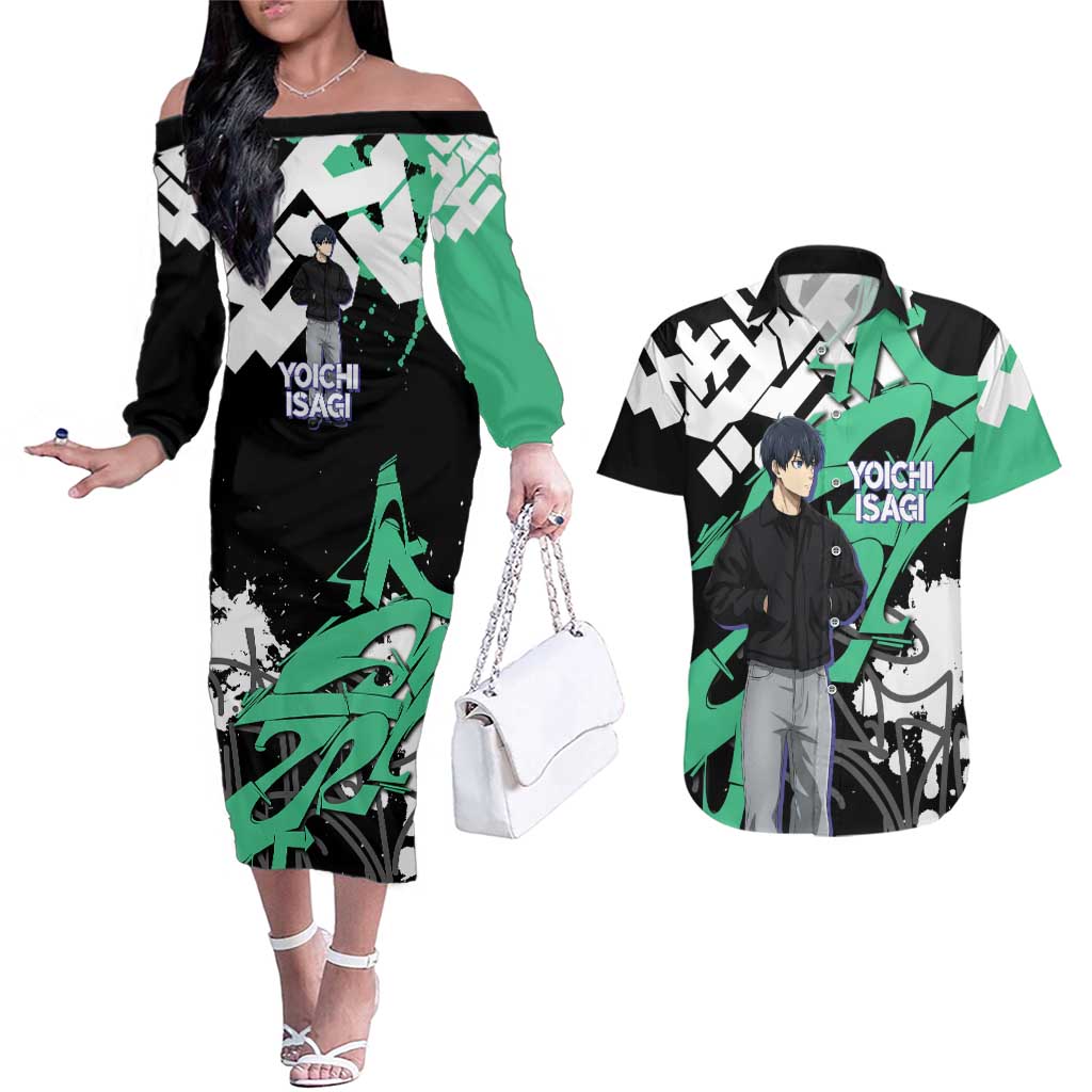 Yoichi Isagi Blue Lock Couples Matching Off The Shoulder Long Sleeve Dress and Hawaiian Shirt Green Graffiti Anime Aesthetic