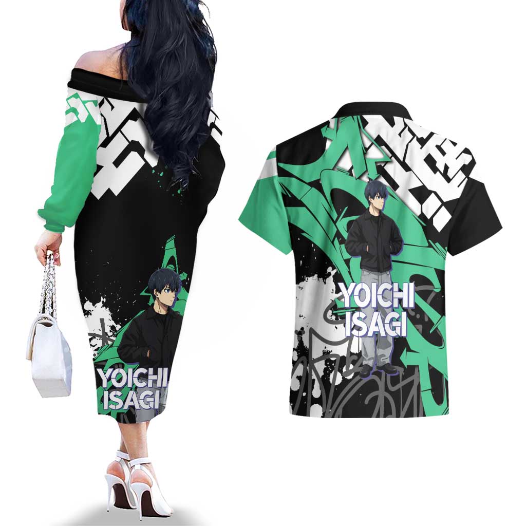 Yoichi Isagi Blue Lock Couples Matching Off The Shoulder Long Sleeve Dress and Hawaiian Shirt Green Graffiti Anime Aesthetic