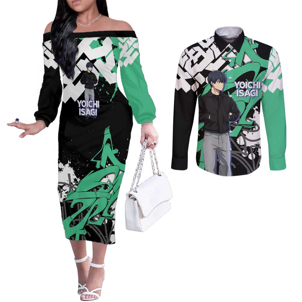 Yoichi Isagi Blue Lock Couples Matching Off The Shoulder Long Sleeve Dress and Long Sleeve Button Shirt Green Graffiti Anime Aesthetic