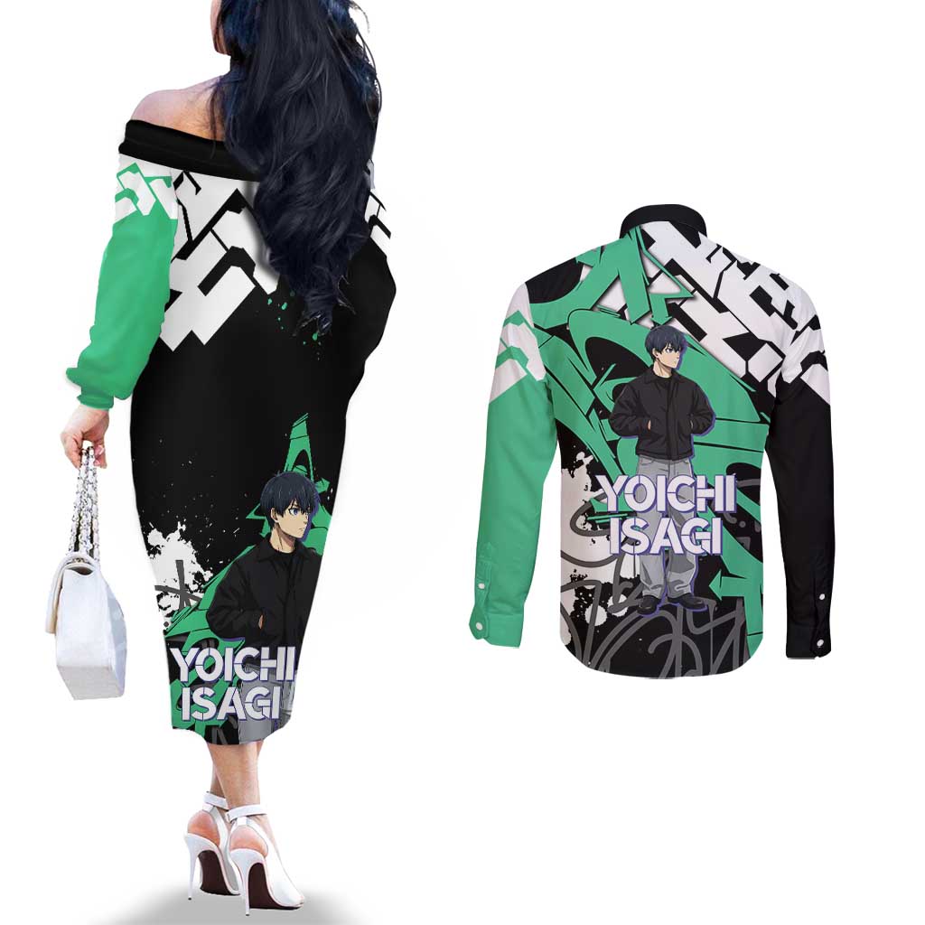 Yoichi Isagi Blue Lock Couples Matching Off The Shoulder Long Sleeve Dress and Long Sleeve Button Shirt Green Graffiti Anime Aesthetic