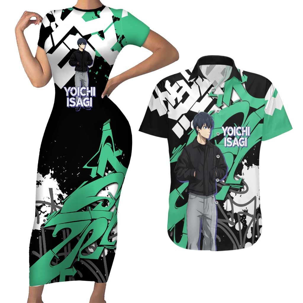 Yoichi Isagi Blue Lock Couples Matching Short Sleeve Bodycon Dress and Hawaiian Shirt Green Graffiti Anime Aesthetic
