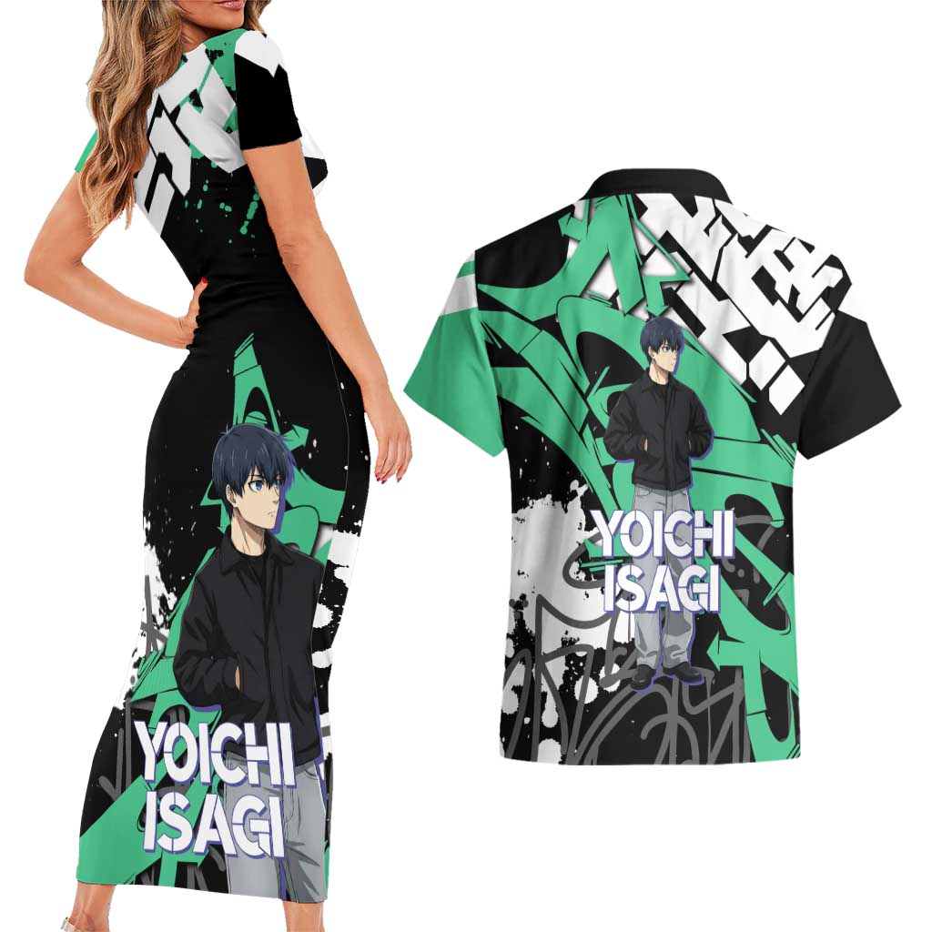 Yoichi Isagi Blue Lock Couples Matching Short Sleeve Bodycon Dress and Hawaiian Shirt Green Graffiti Anime Aesthetic