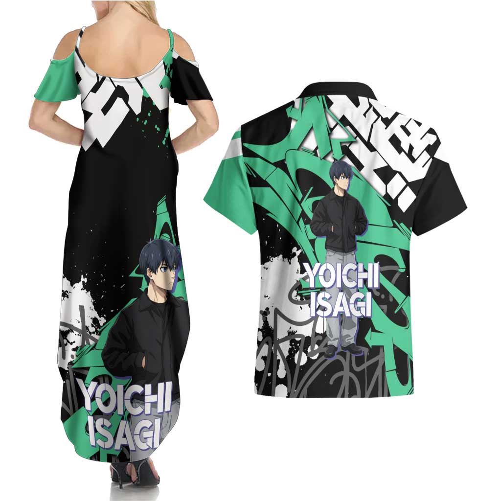 Yoichi Isagi Blue Lock Couples Matching Summer Maxi Dress and Hawaiian Shirt Green Graffiti Anime Aesthetic