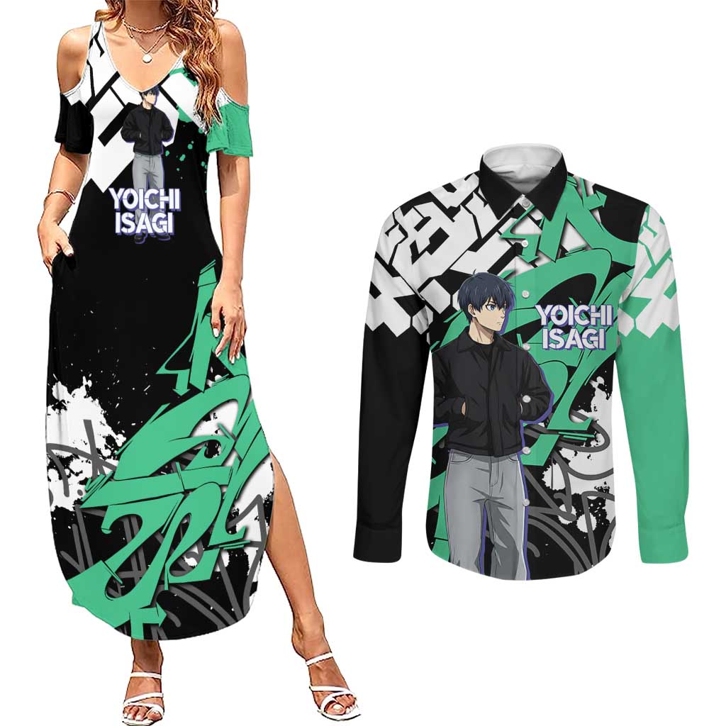 Yoichi Isagi Blue Lock Couples Matching Summer Maxi Dress and Long Sleeve Button Shirt Green Graffiti Anime Aesthetic