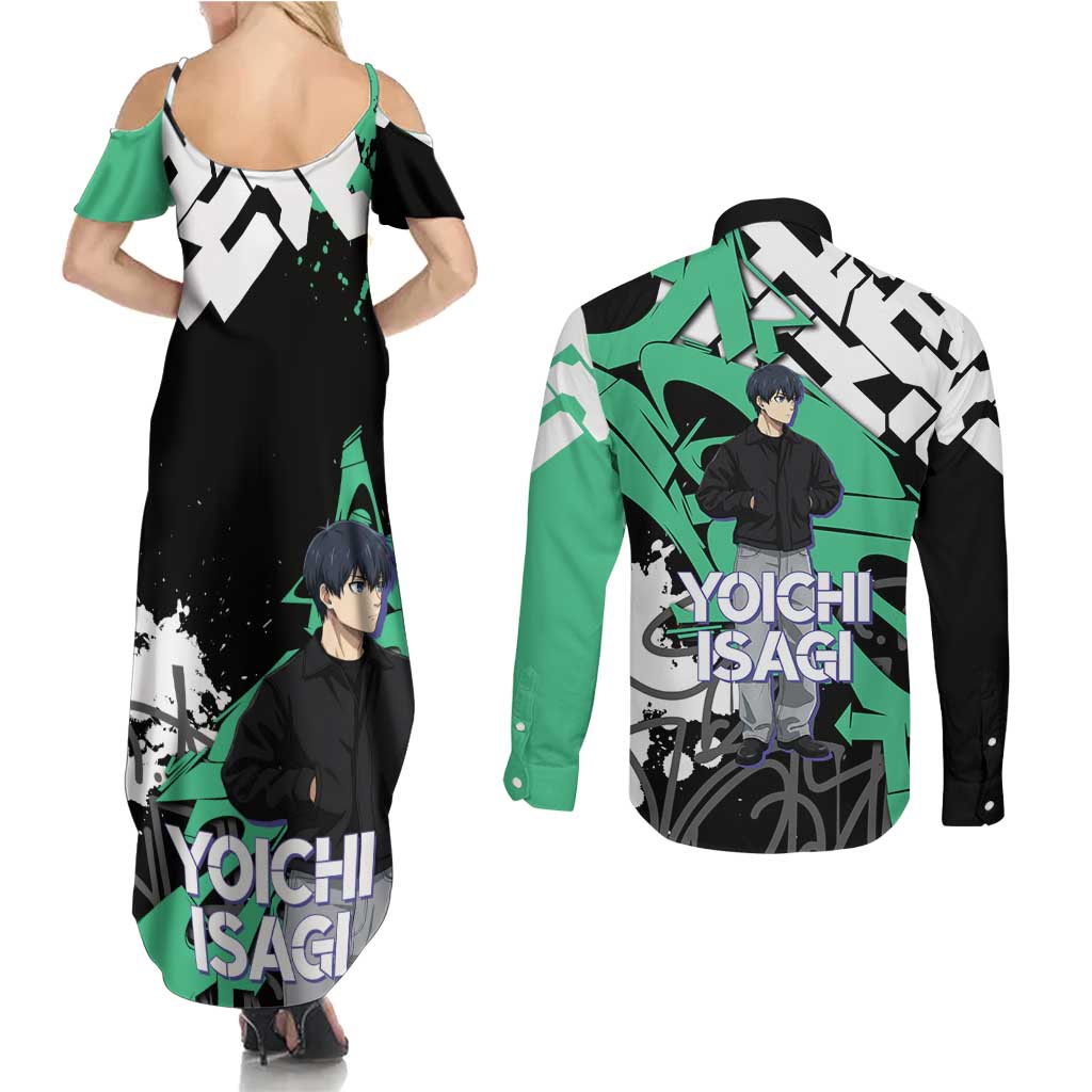 Yoichi Isagi Blue Lock Couples Matching Summer Maxi Dress and Long Sleeve Button Shirt Green Graffiti Anime Aesthetic