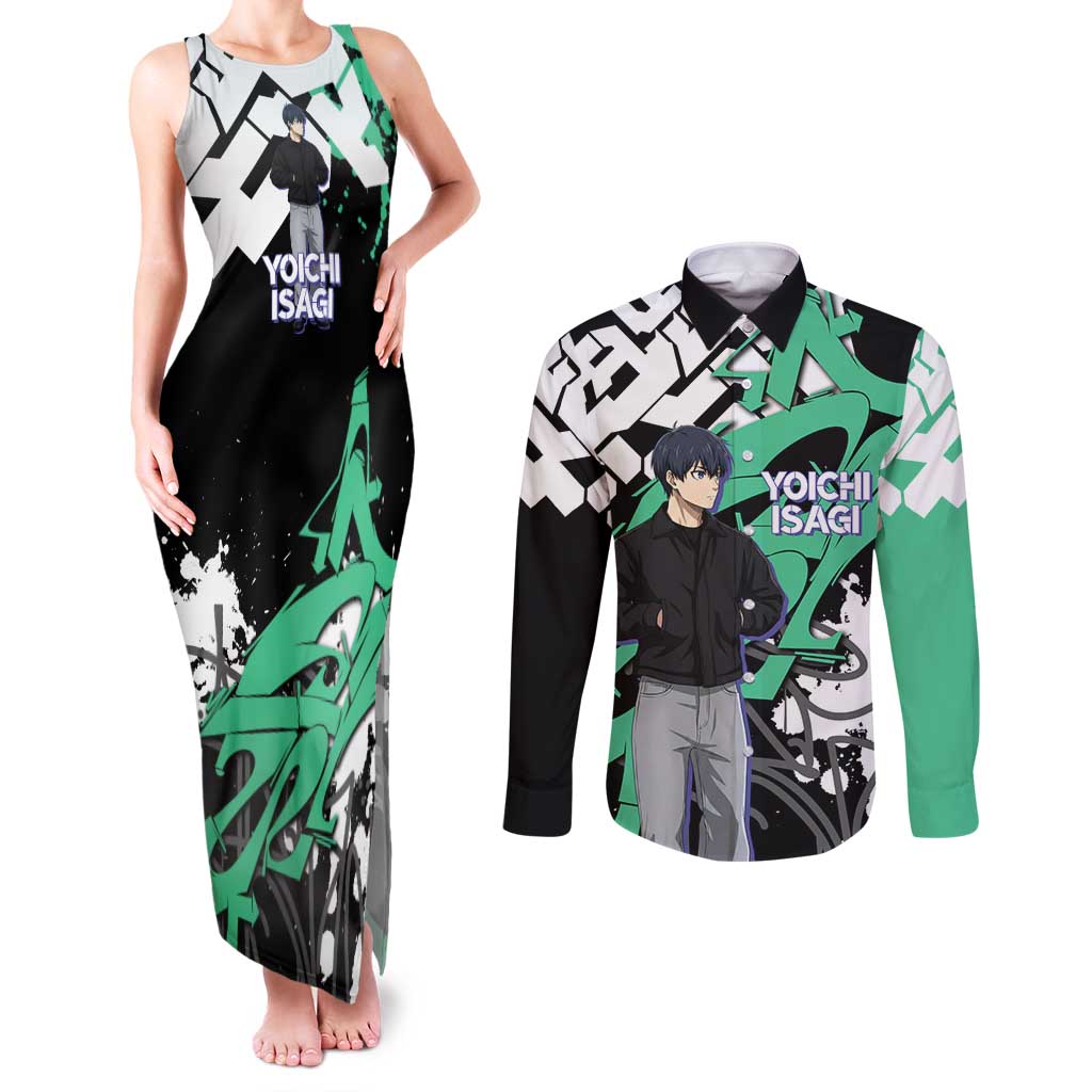 Yoichi Isagi Blue Lock Couples Matching Tank Maxi Dress and Long Sleeve Button Shirt Green Graffiti Anime Aesthetic