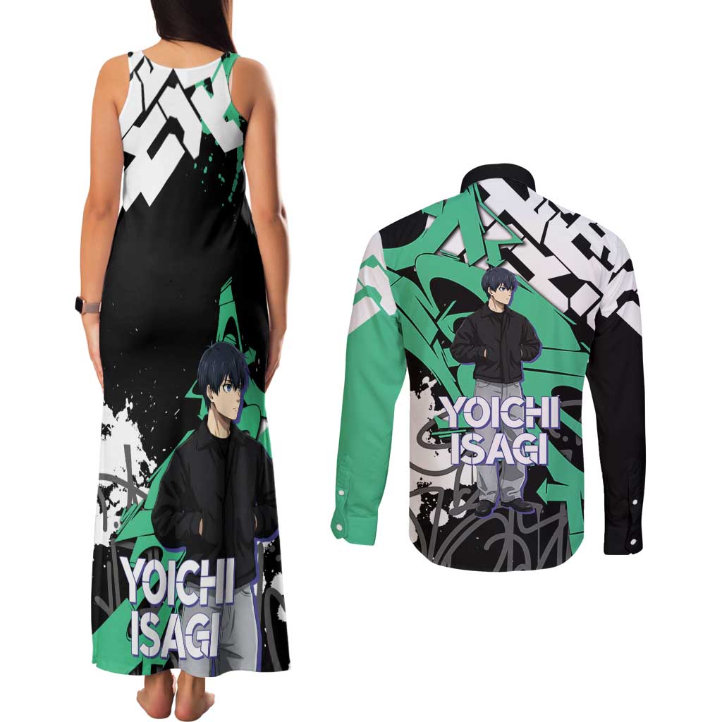 Yoichi Isagi Blue Lock Couples Matching Tank Maxi Dress and Long Sleeve Button Shirt Green Graffiti Anime Aesthetic