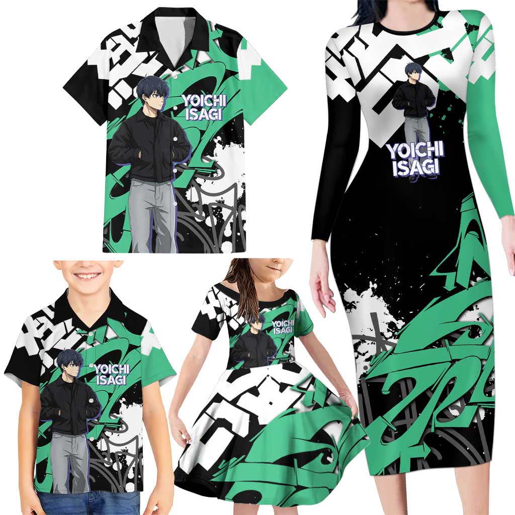 Yoichi Isagi Blue Lock Family Matching Long Sleeve Bodycon Dress and Hawaiian Shirt Green Graffiti Anime Aesthetic