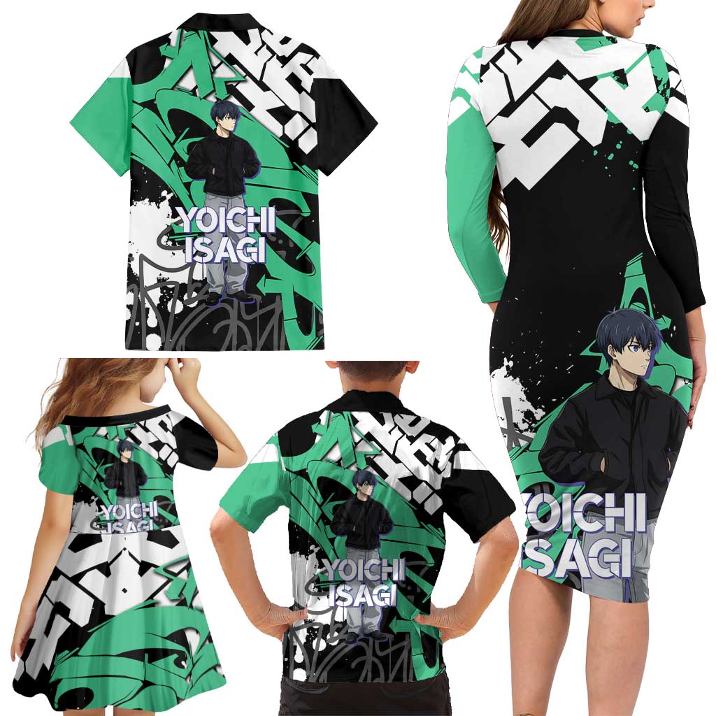 Yoichi Isagi Blue Lock Family Matching Long Sleeve Bodycon Dress and Hawaiian Shirt Green Graffiti Anime Aesthetic
