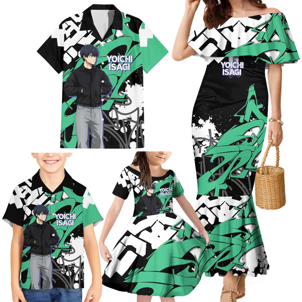 Yoichi Isagi Blue Lock Family Matching Mermaid Dress and Hawaiian Shirt Green Graffiti Anime Aesthetic