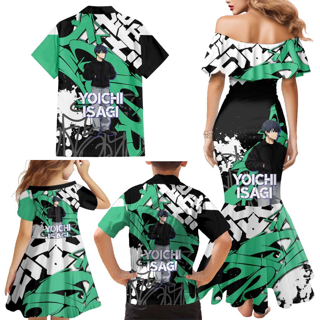 Yoichi Isagi Blue Lock Family Matching Mermaid Dress and Hawaiian Shirt Green Graffiti Anime Aesthetic