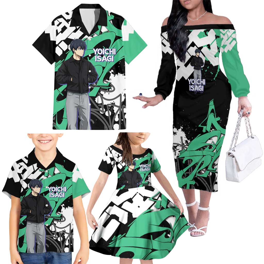 Yoichi Isagi Blue Lock Family Matching Off The Shoulder Long Sleeve Dress and Hawaiian Shirt Green Graffiti Anime Aesthetic
