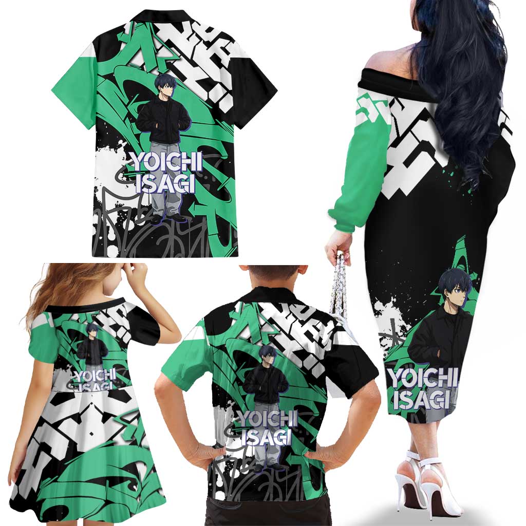 Yoichi Isagi Blue Lock Family Matching Off The Shoulder Long Sleeve Dress and Hawaiian Shirt Green Graffiti Anime Aesthetic