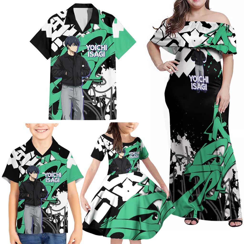 Yoichi Isagi Blue Lock Family Matching Off Shoulder Maxi Dress and Hawaiian Shirt Green Graffiti Anime Aesthetic