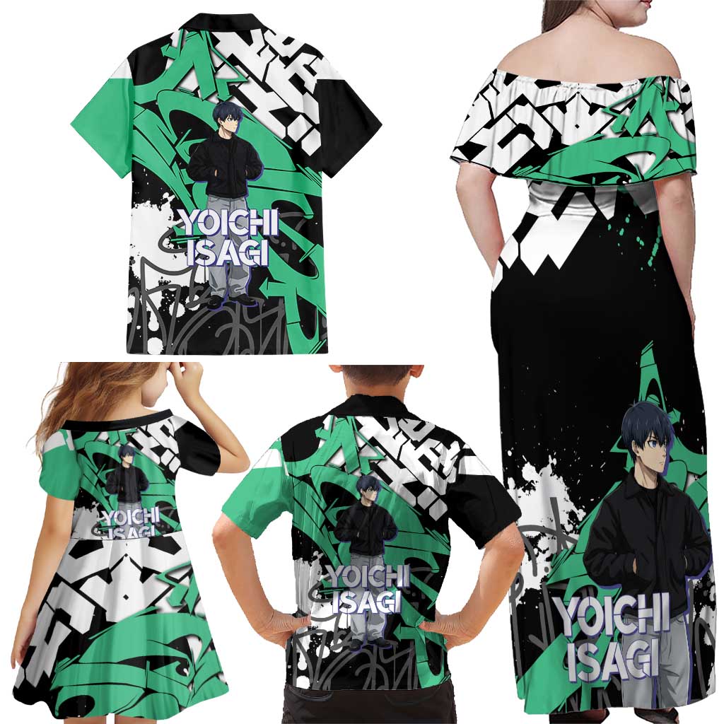 Yoichi Isagi Blue Lock Family Matching Off Shoulder Maxi Dress and Hawaiian Shirt Green Graffiti Anime Aesthetic