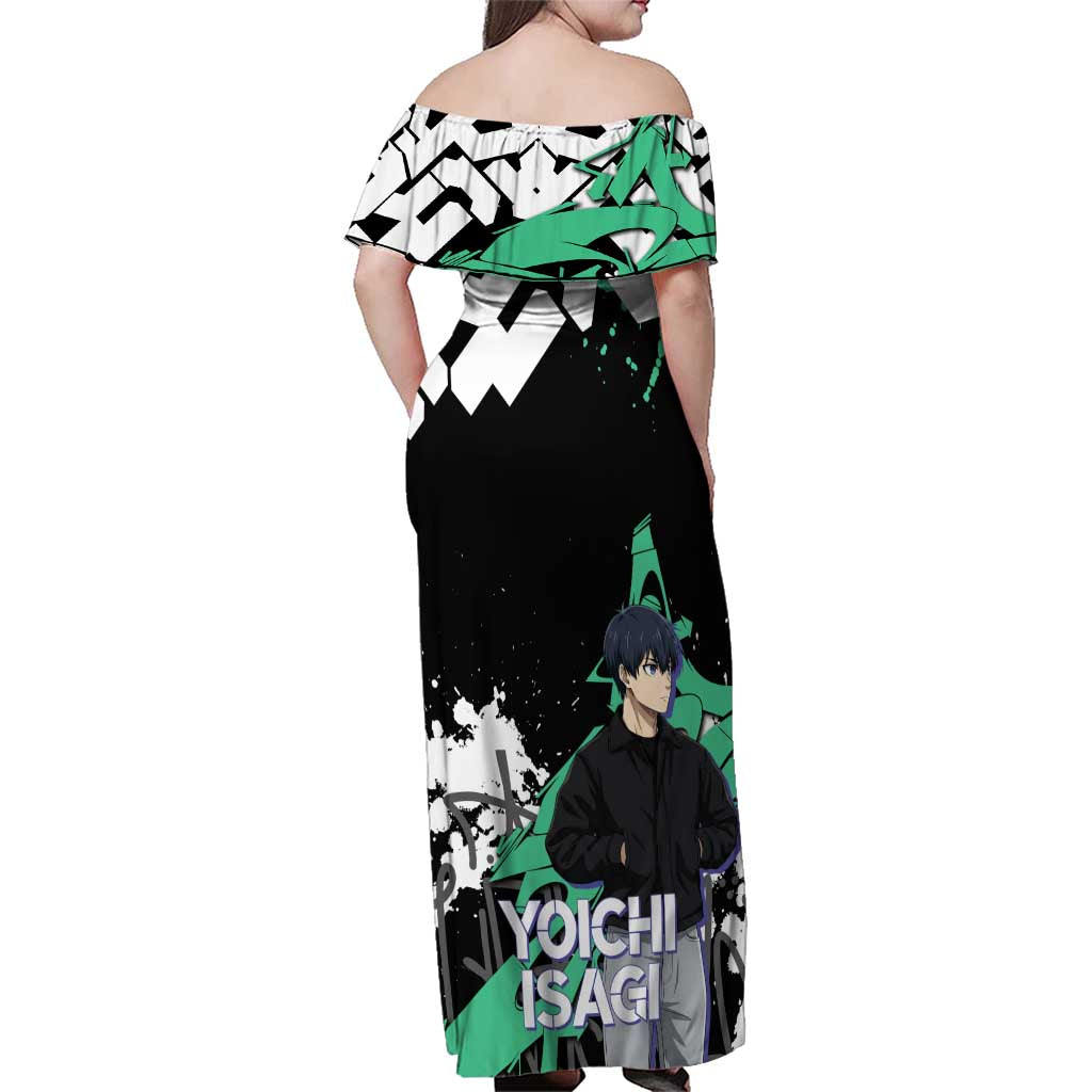 Yoichi Isagi Blue Lock Family Matching Off Shoulder Maxi Dress and Hawaiian Shirt Green Graffiti Anime Aesthetic