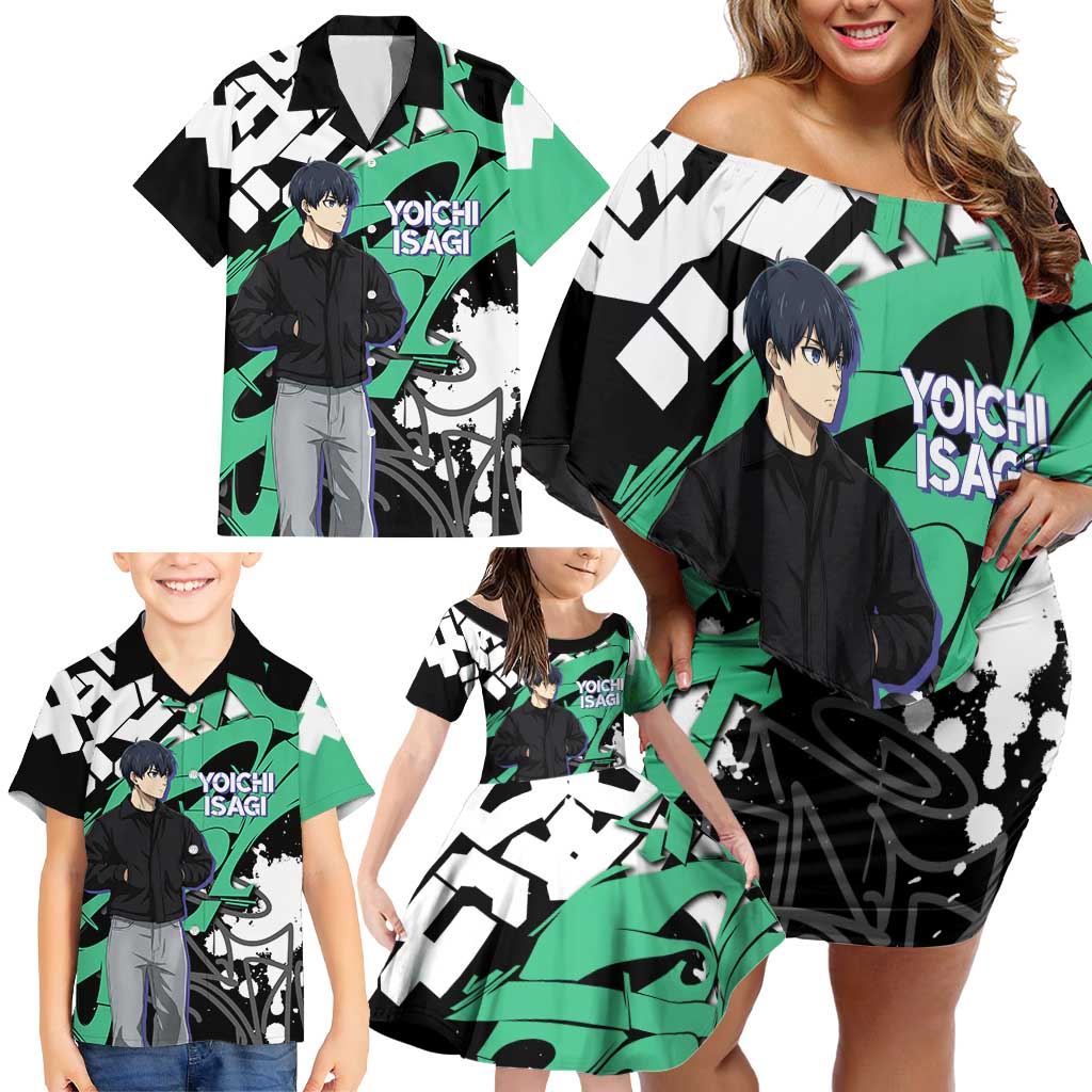 Yoichi Isagi Blue Lock Family Matching Off Shoulder Short Dress and Hawaiian Shirt Green Graffiti Anime Aesthetic