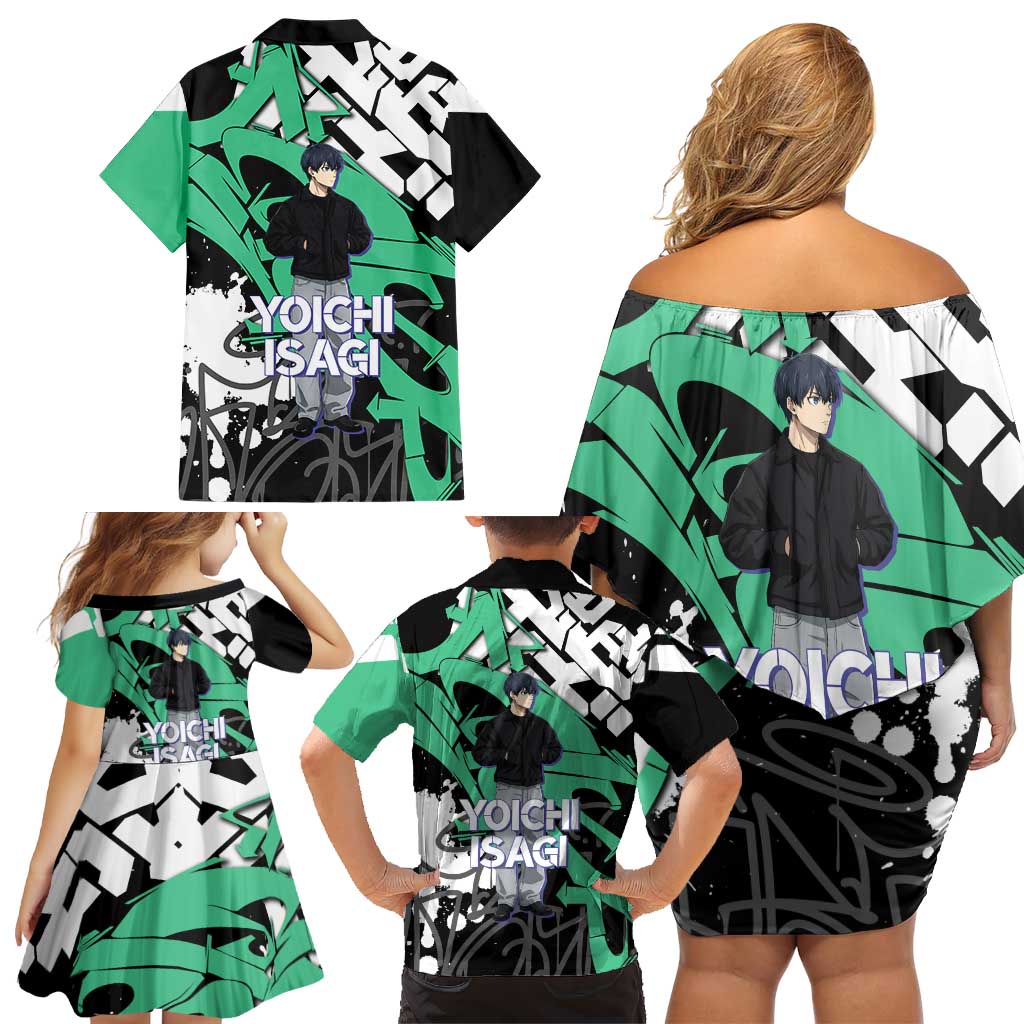 Yoichi Isagi Blue Lock Family Matching Off Shoulder Short Dress and Hawaiian Shirt Green Graffiti Anime Aesthetic
