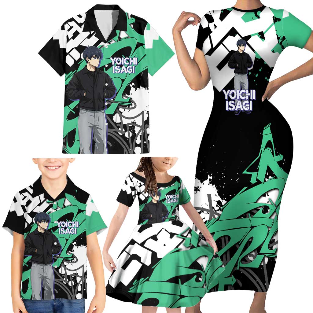 Yoichi Isagi Blue Lock Family Matching Short Sleeve Bodycon Dress and Hawaiian Shirt Green Graffiti Anime Aesthetic