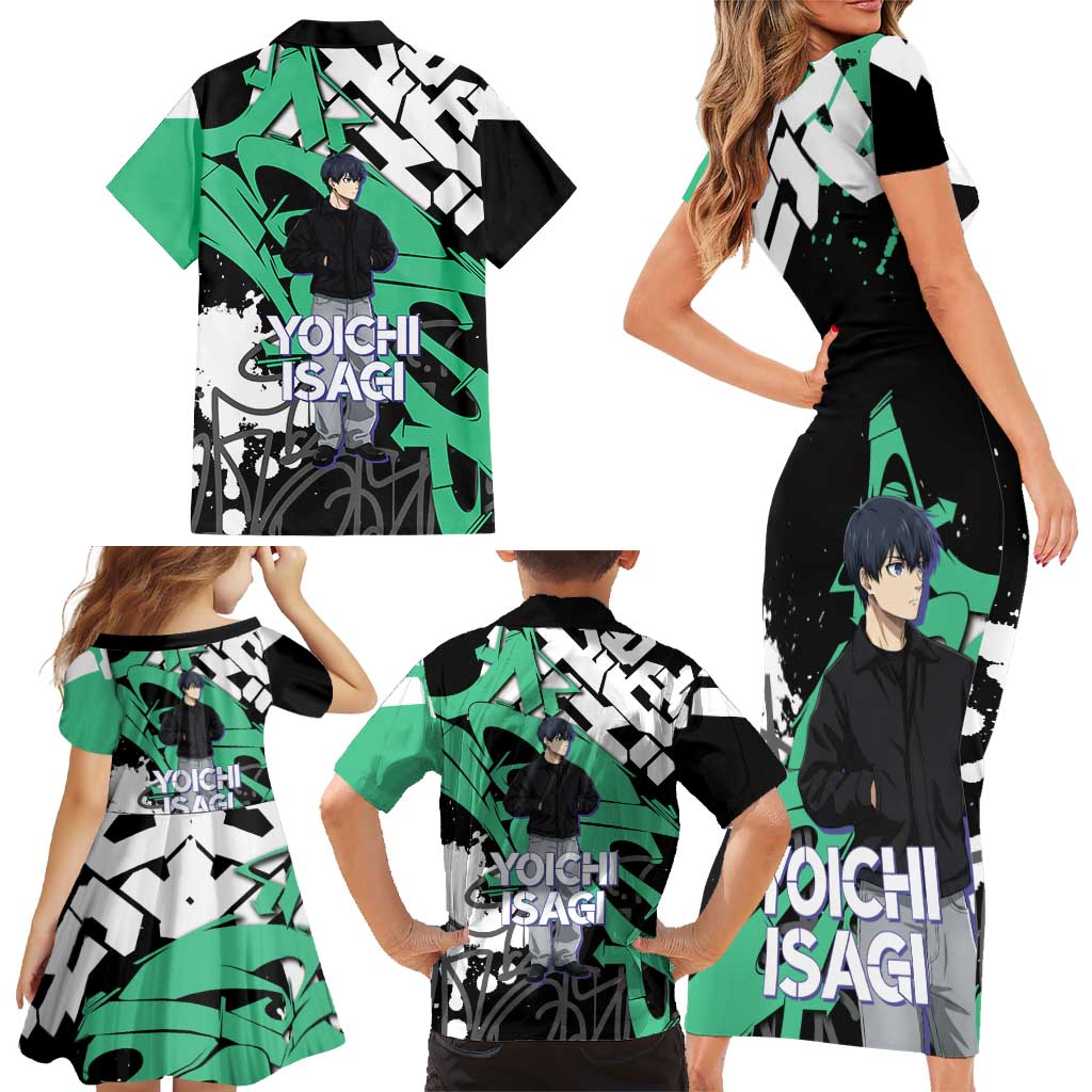 Yoichi Isagi Blue Lock Family Matching Short Sleeve Bodycon Dress and Hawaiian Shirt Green Graffiti Anime Aesthetic
