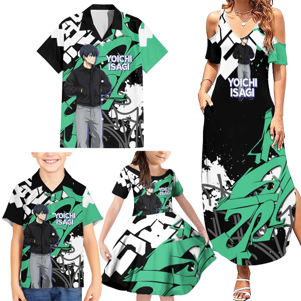 Yoichi Isagi Blue Lock Family Matching Summer Maxi Dress and Hawaiian Shirt Green Graffiti Anime Aesthetic