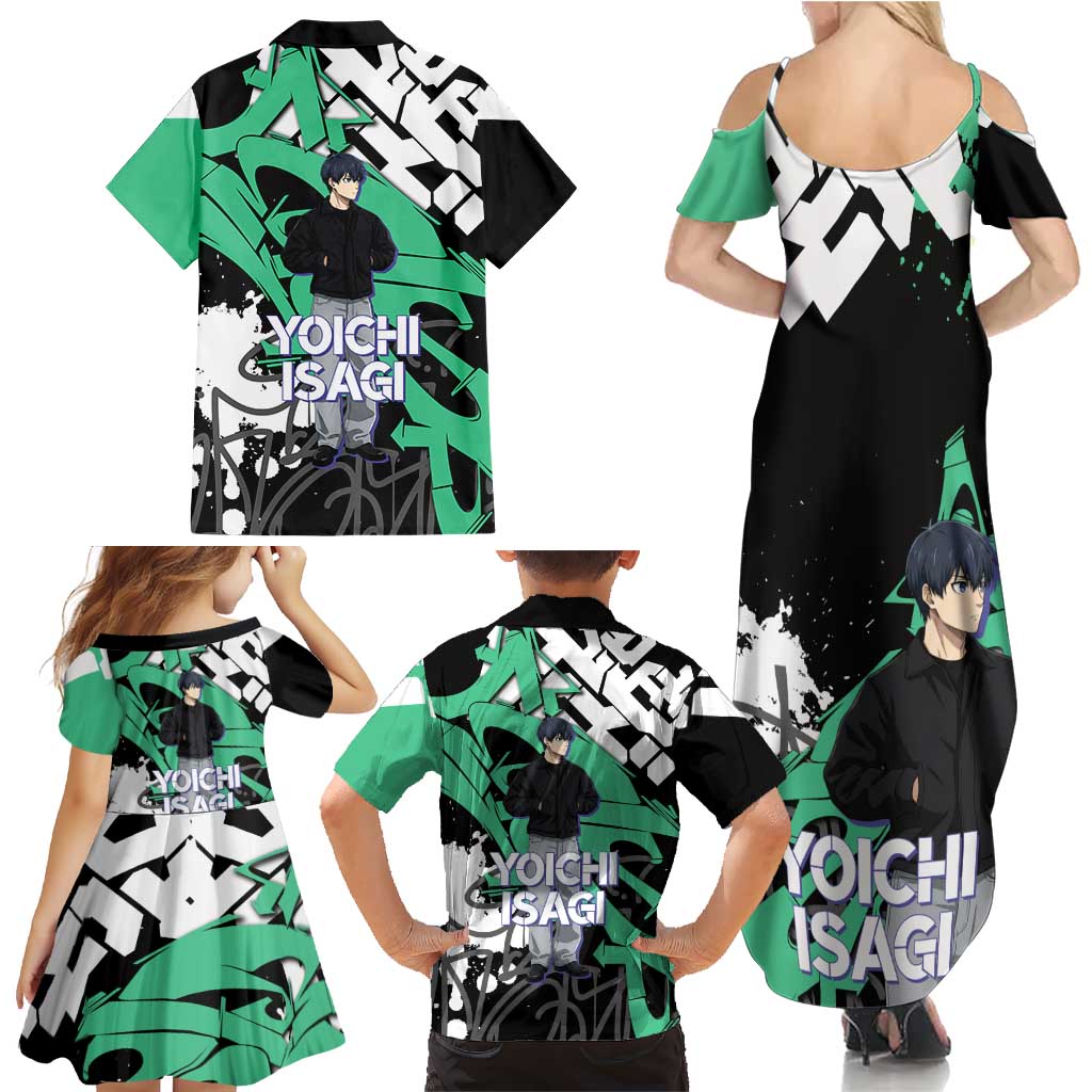 Yoichi Isagi Blue Lock Family Matching Summer Maxi Dress and Hawaiian Shirt Green Graffiti Anime Aesthetic
