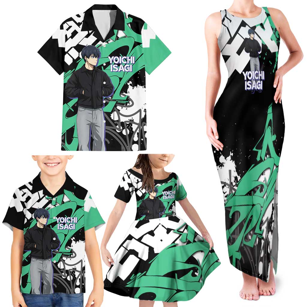 Yoichi Isagi Blue Lock Family Matching Tank Maxi Dress and Hawaiian Shirt Green Graffiti Anime Aesthetic