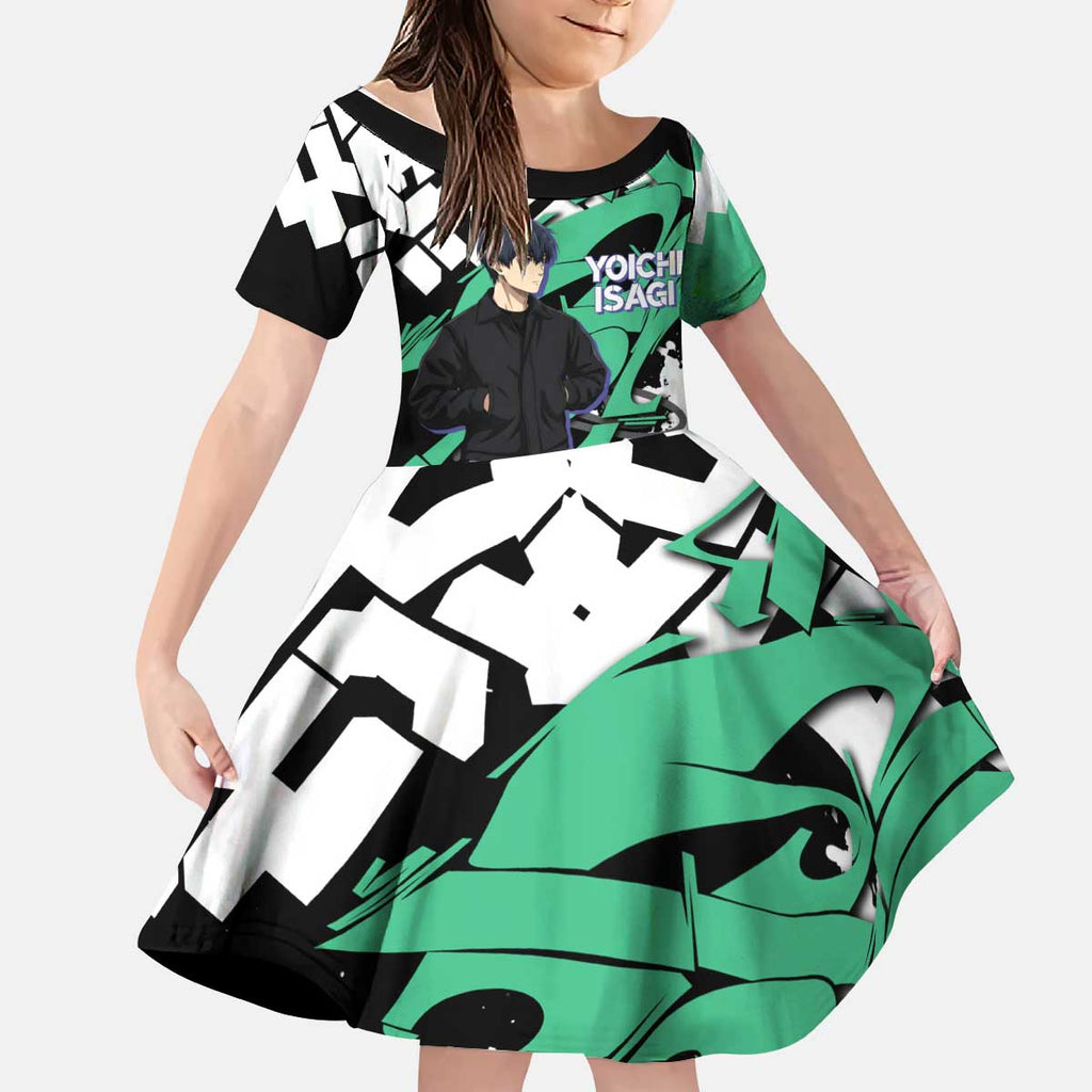 Yoichi Isagi Blue Lock Kid Short Sleeve Dress Green Graffiti Anime Aesthetic