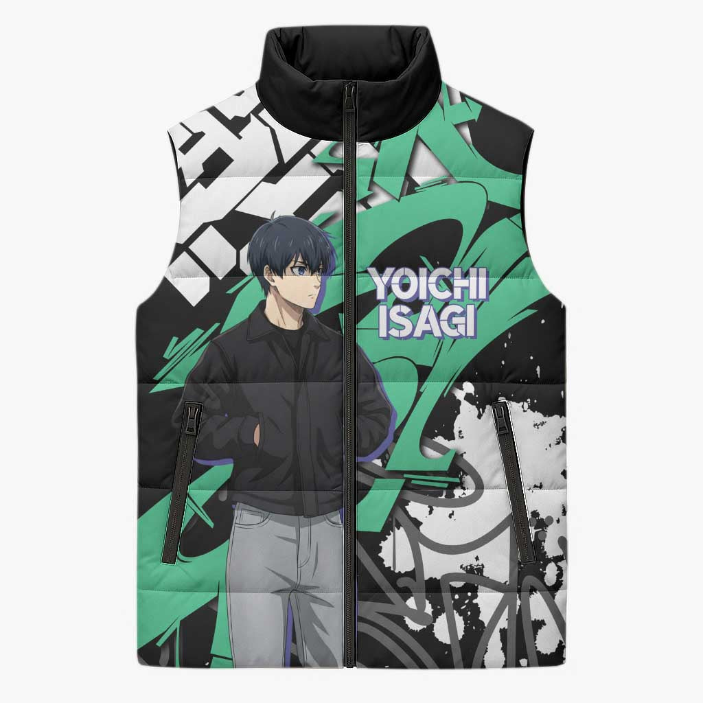 Yoichi Isagi Blue Lock Sleeveless Puffer Jacket Green Graffiti Anime Aesthetic