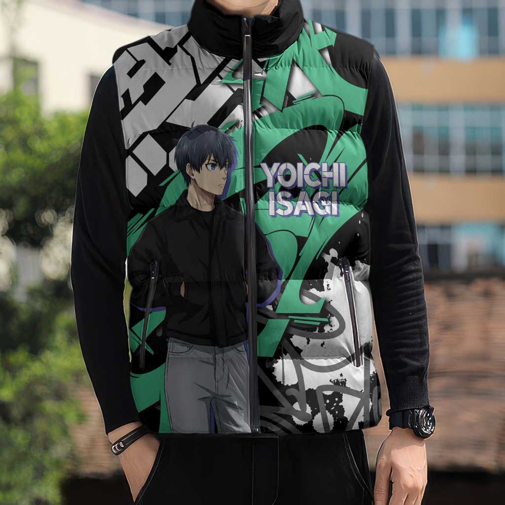 Yoichi Isagi Blue Lock Sleeveless Puffer Jacket Green Graffiti Anime Aesthetic