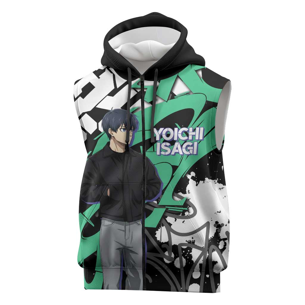 Yoichi Isagi Blue Lock Sleeveless Zip Hoodie Green Graffiti Anime Aesthetic