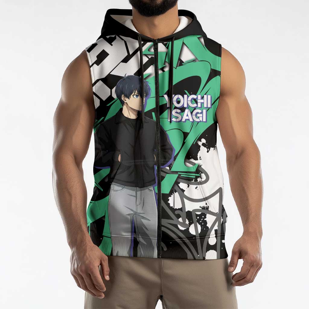 Yoichi Isagi Blue Lock Sleeveless Zip Hoodie Green Graffiti Anime Aesthetic