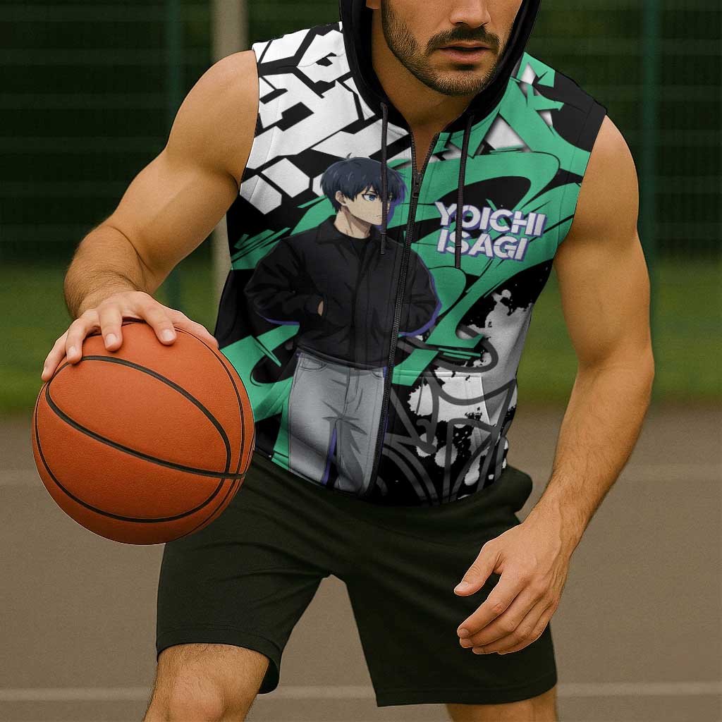 Yoichi Isagi Blue Lock Sleeveless Zip Hoodie Green Graffiti Anime Aesthetic