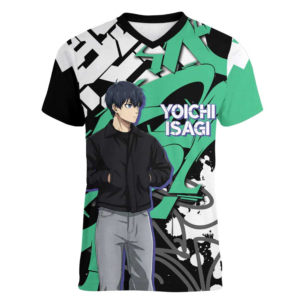 Yoichi Isagi Blue Lock Women V-Neck T-Shirt Green Graffiti Anime Aesthetic