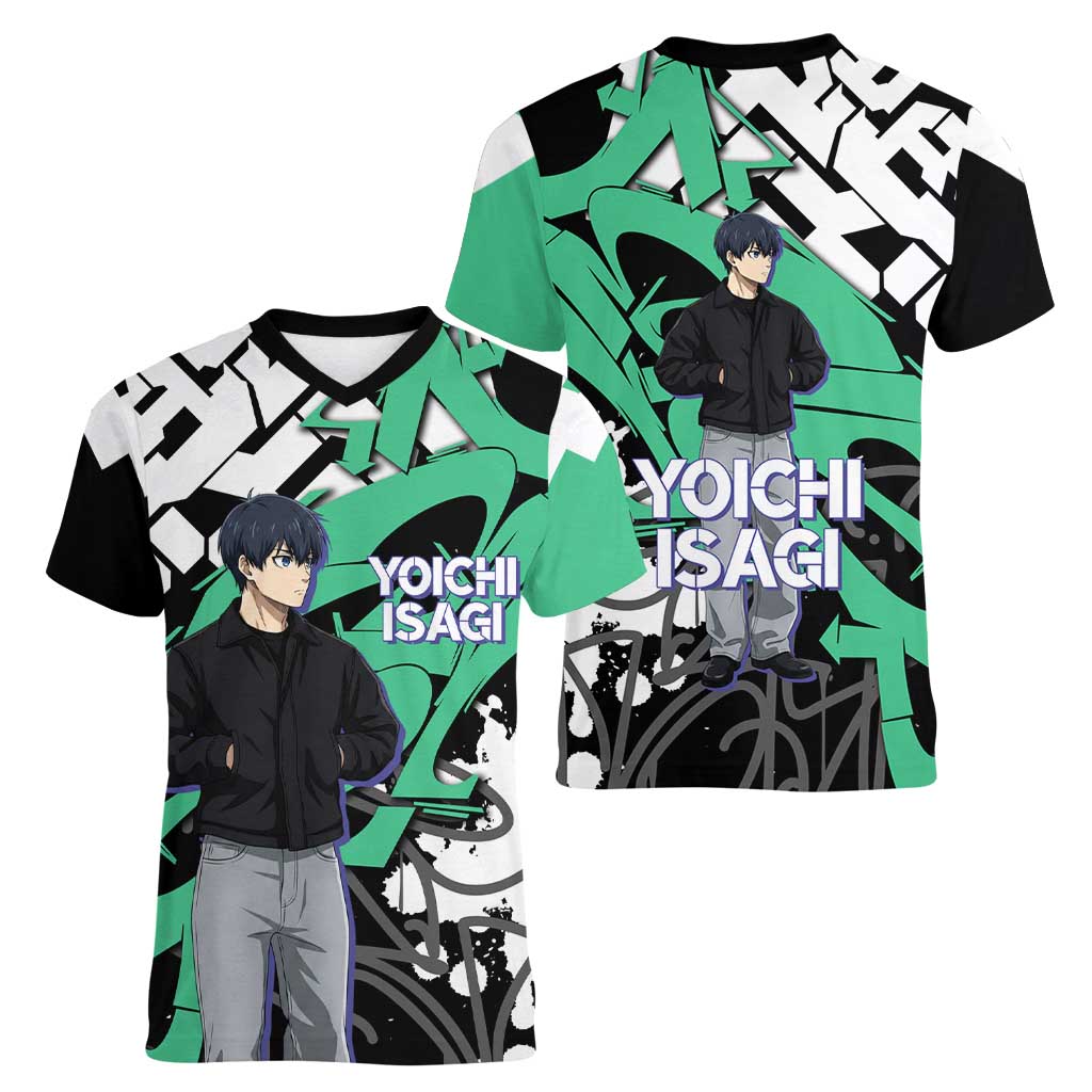 Yoichi Isagi Blue Lock Women V-Neck T-Shirt Green Graffiti Anime Aesthetic