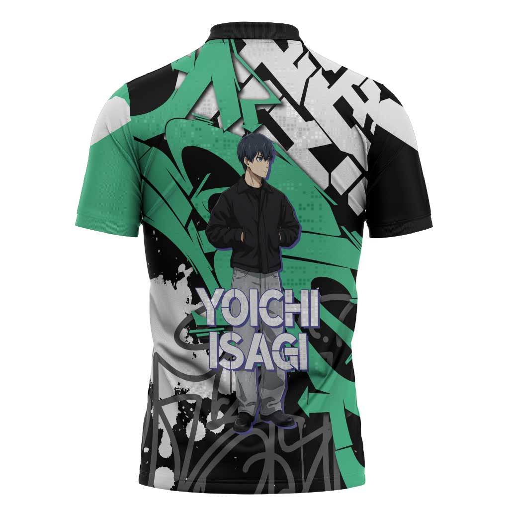 Yoichi Isagi Blue Lock Zipper Polo Shirt Green Graffiti Anime Aesthetic
