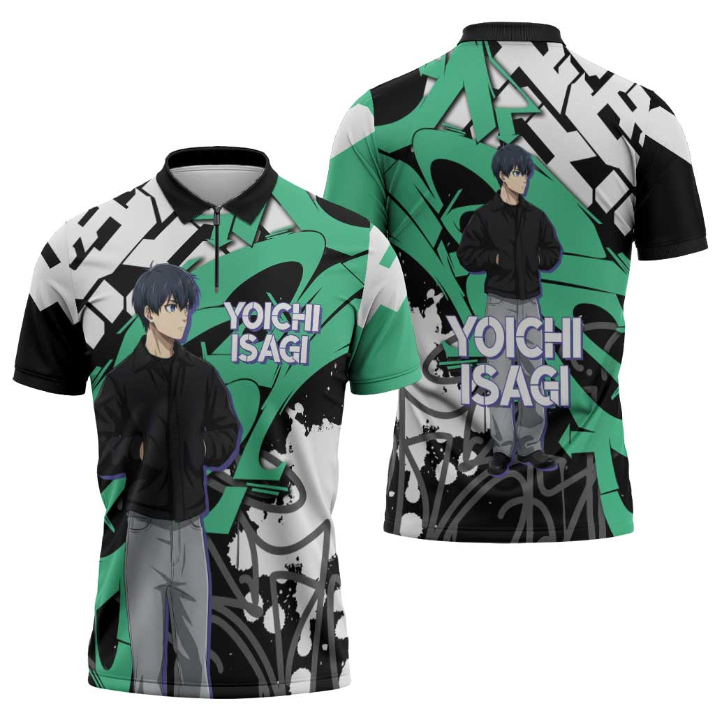 Yoichi Isagi Blue Lock Zipper Polo Shirt Green Graffiti Anime Aesthetic