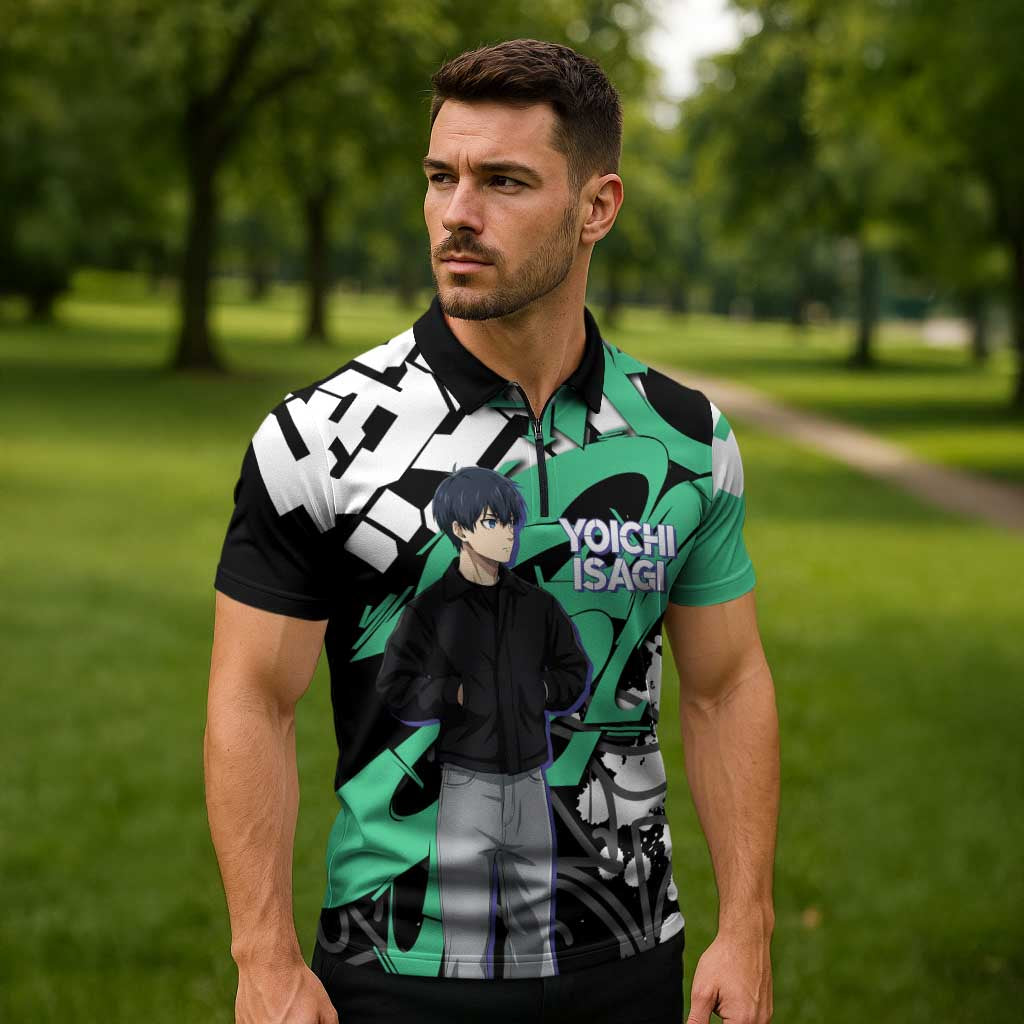 Yoichi Isagi Blue Lock Zipper Polo Shirt Green Graffiti Anime Aesthetic