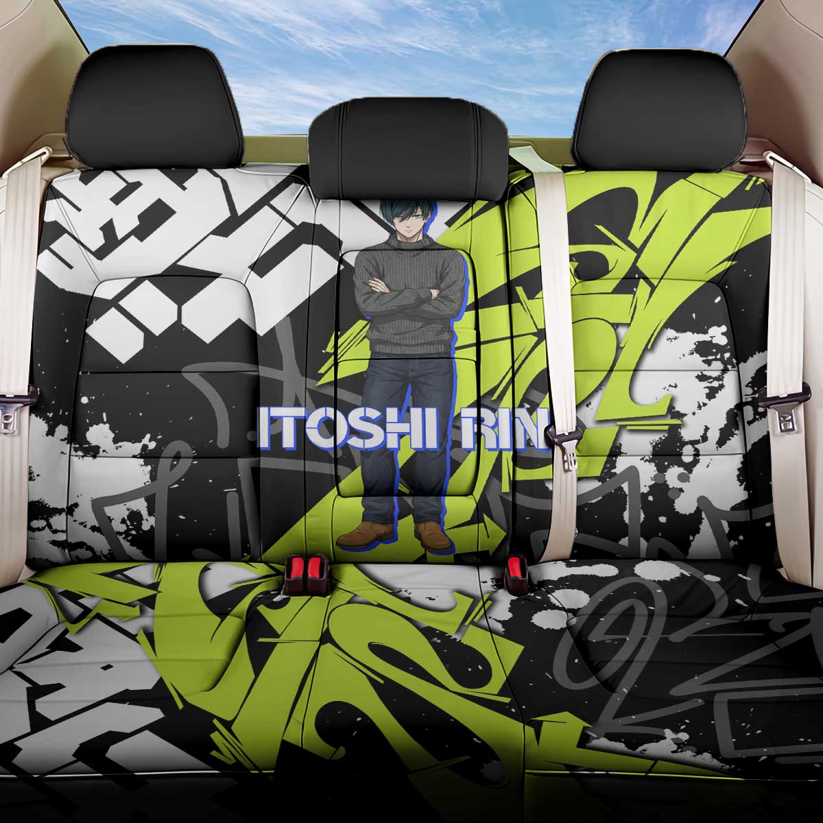 Itoshi Rin Blue Lock Back Car Seat Cover Urban Graffiti Street Art Style
