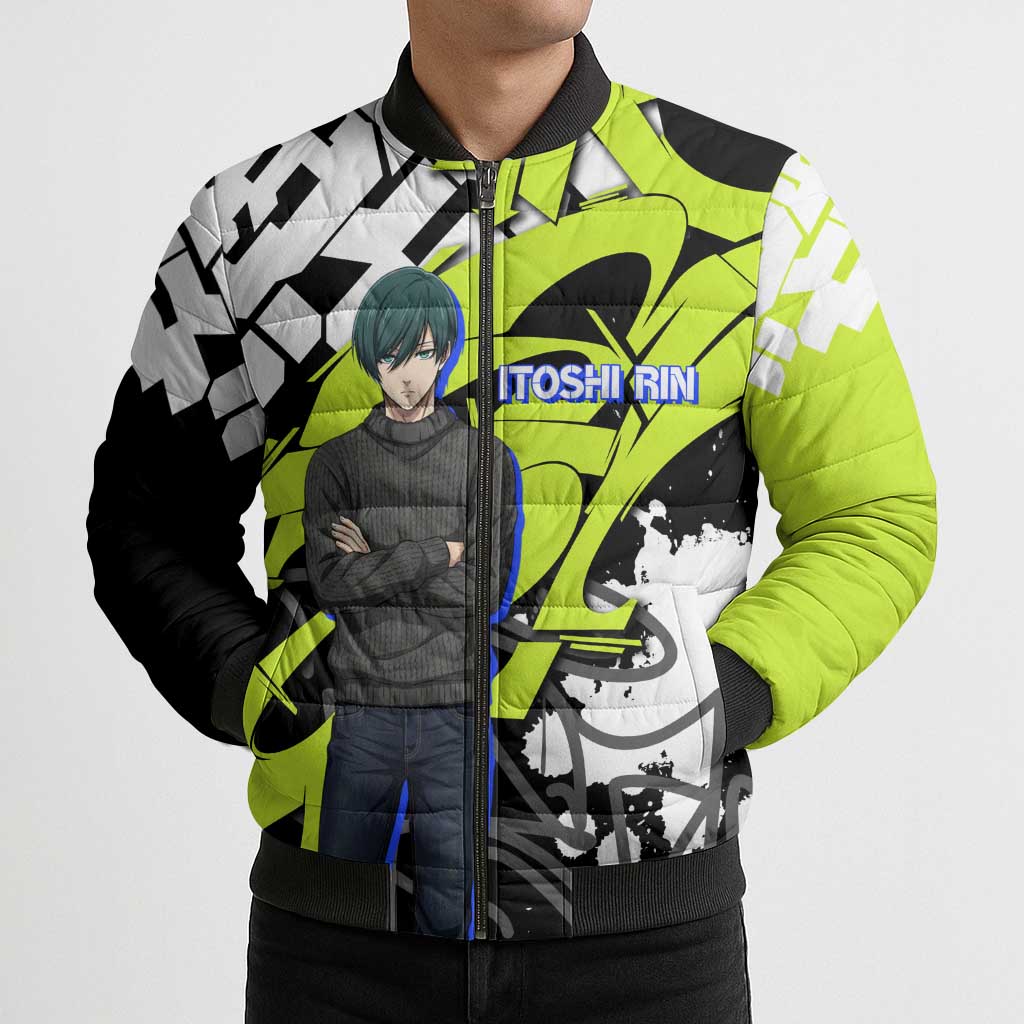 Itoshi Rin Blue Lock Bomber Puffer Jacket Urban Graffiti Street Art Style